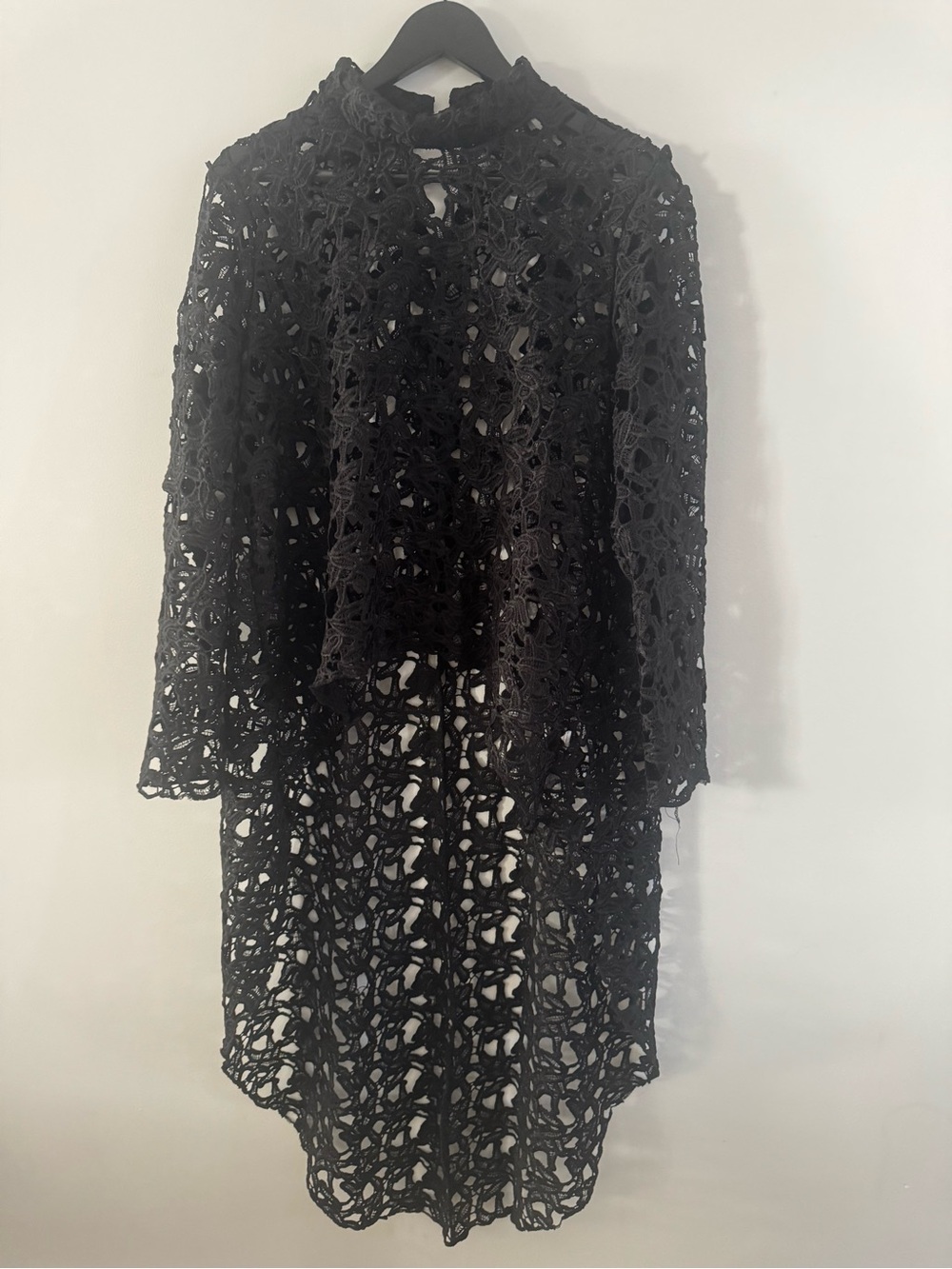 Boutique Black High Low Lace Pullover Top Asymmetric Mock Neck Blouse L